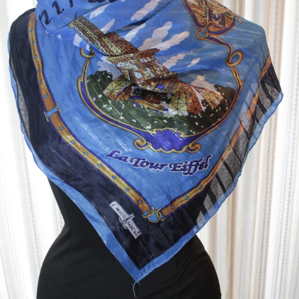 Vtg Large Souvenir Scarf J Mico Sancho Paris Polyester La Pyramide Grande Arche Notre Dame Eiffel Tower L'Opera Square