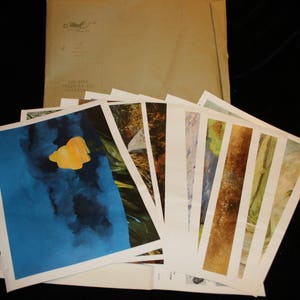 May include: A set of 12 Fine American Art Calendar prints, featuring a variety of colorful paintings. The prints are in a folder with the title "The Fine American Art Calendar" on the front.