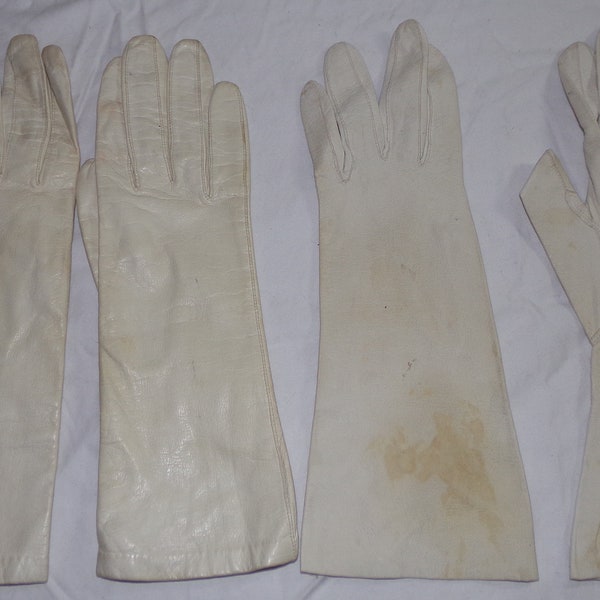 Vtg, 7, Formal, Womens, Leather, Gloves, Dress, Dressy, Philippines, Evening, 2, 2 pairs, White, Costume, Dress Up, French Kid leather