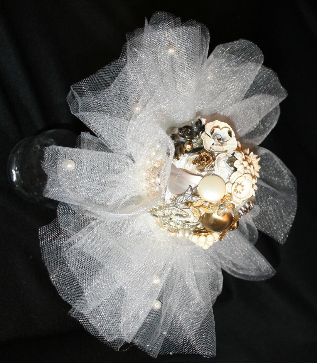 Elegant Vintage Costume Jewelry Bouquet Ivory 10 Diameter Tulle Pearls