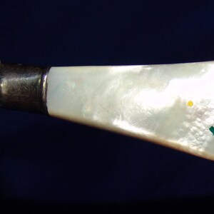 May include: A silver and mother-of-pearl butter knife with a yellow flower painted on the handle.