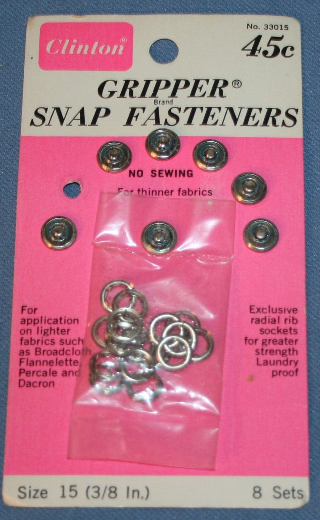 Vtg Clinton Gripper Brand Snap Fasteners Sz 15 3/8 W/ Card 7 Snaps NOS