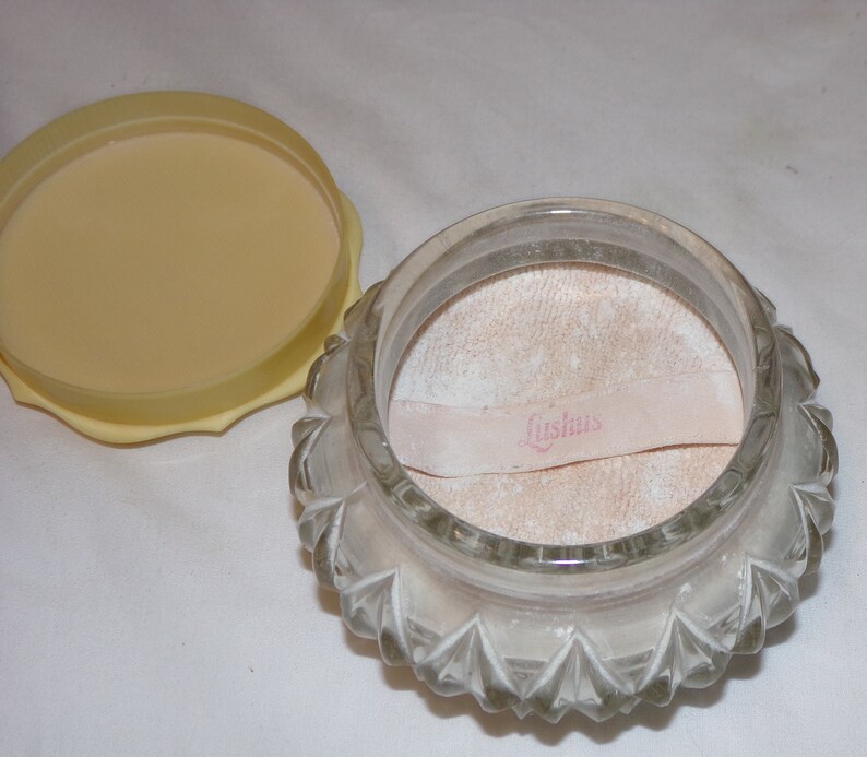 Vtg Talcum Powder Lushus Puff Glass Jar Vintage Bathroom Etsy