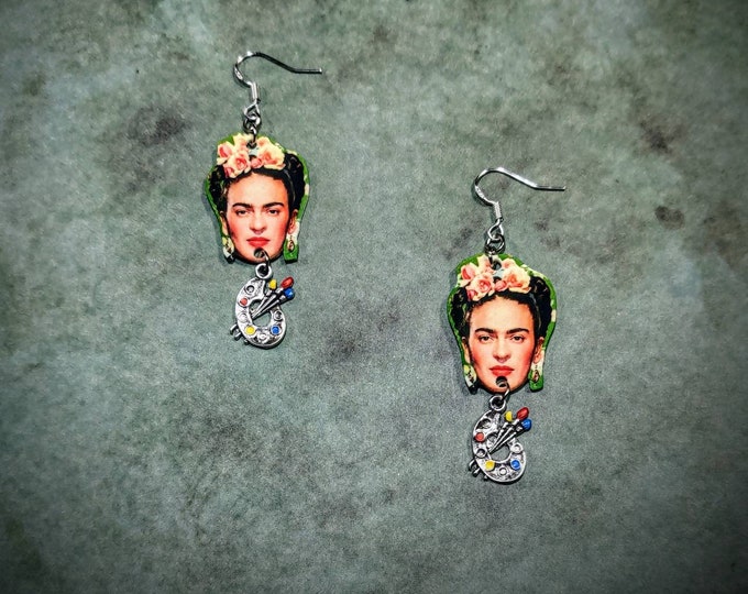 Frida Kahlo Dangling Earrings With Palette Artist Handcrafted 925 Sterling Silver Hook Hand Painted