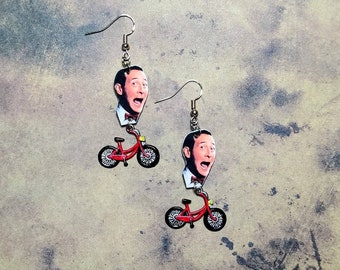Pee-wee's Big Adventure Pee-wee Herman with Red Bike Dangling Earrings - 925 Sterling Silver Ear Hook - Artist Handcrafted