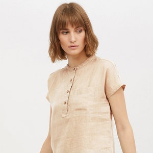 Linen Shirt for Women with Short Sleeves and Button Down, Beige Collarless Linen Blouse/Dress for Summer, Soft Washed Linen Top for Girls