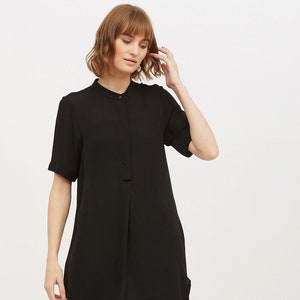 Short Long Tunic in Silk Double Georgette Black Relaxed Short Sleeve Women Clothing with Front Pleat and Mother of Pearl Buttons image 1