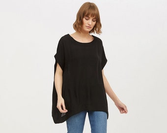 Sheer Silk square top, breezy short sleeve long oversize top. Black oversize silk georgette top