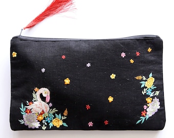 Embroidered cosmetic bag for makeup with zipper, Toiletry pouch, purse organiser with flamingo design and tassel at zipper