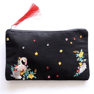 Embroidered cosmetic bag for makeup with zipper, Toiletry pouch, purse organiser with flamingo design and tassel at zipper image 1