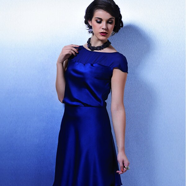 Silk feel royal blue satin midi dress party dress double layered dress sheer yolk short sleeves waist fitted western wear holiday dress