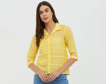 Seide & Baumwolle Kragen Shirt mit Falten Details, Button Down Shirt mit drei vierten Ärmeln, handgemachte Tops für Frauen, Mädchen Top