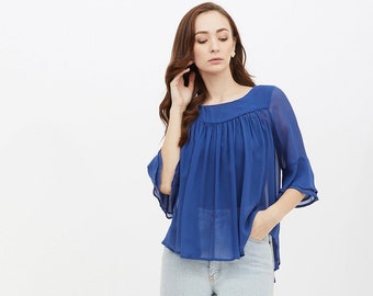 Silk top with bell sleeves, Sheer silk blouse