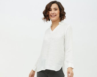 Linen top, linen fabric shirt with collar, long sleeve tunic blouse for women, washed soft linen shirt 9 colours