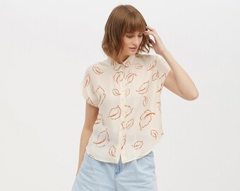 Silk satin short sleeve box top, leaf print off white casual shirt, short sleeve crop top