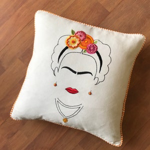 Frida Embroidered pillow, 16x16 throw pillow, bohemian floral embroidery on natural cotton linen image 4