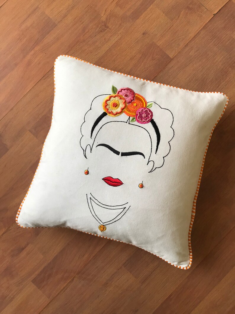 Frida Embroidered pillow, 16x16 throw pillow, bohemian floral embroidery on natural cotton linen image 4