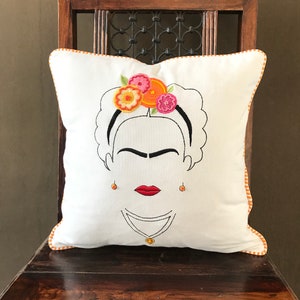 Frida Embroidered pillow, 16x16 throw pillow, bohemian floral embroidery on natural cotton linen image 1