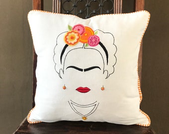Frida Embroidered pillow, 16x16 throw pillow, bohemian floral embroidery on natural cotton linen