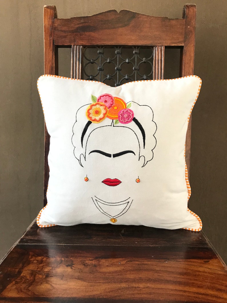 Frida Embroidered pillow, 16x16 throw pillow, bohemian floral embroidery on natural cotton linen image 1