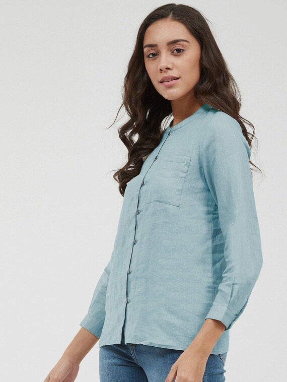 Linen Shirt for Women With Long Sleeves and Pocket Collarless - Etsy