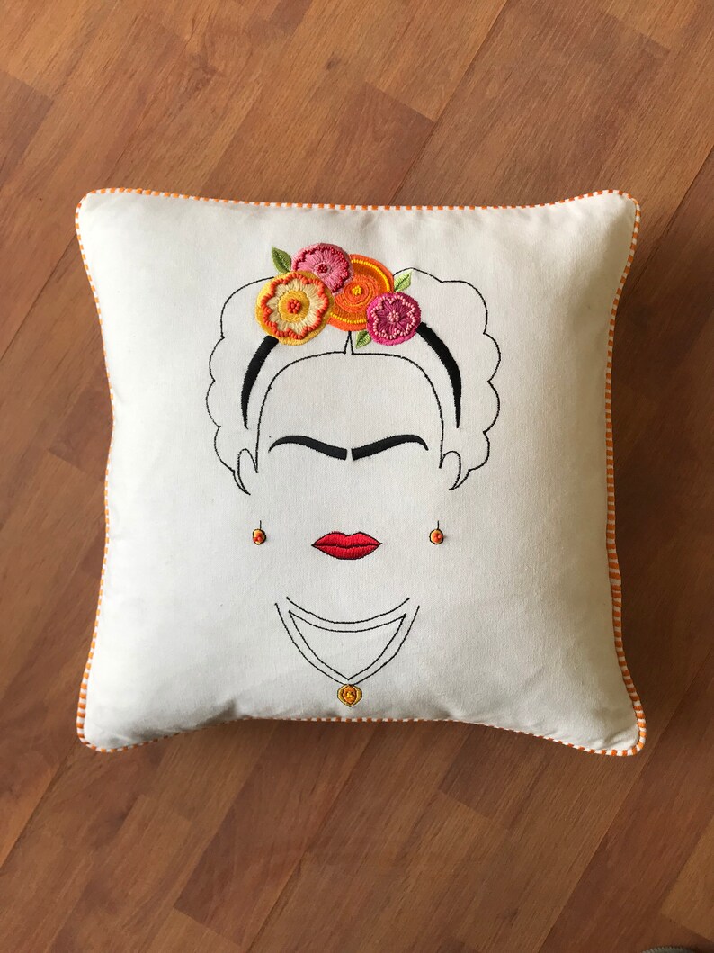 Frida Embroidered pillow, 16x16 throw pillow, bohemian floral embroidery on natural cotton linen image 3