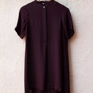 Short Long Tunic in Silk Double Georgette Black Relaxed Short Sleeve Women Clothing with Front Pleat and Mother of Pearl Buttons Burgundy