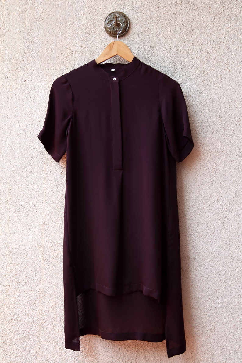 Short Long Tunic in Silk Double Georgette Black Relaxed Short Sleeve Women Clothing with Front Pleat and Mother of Pearl Buttons Burgundy
