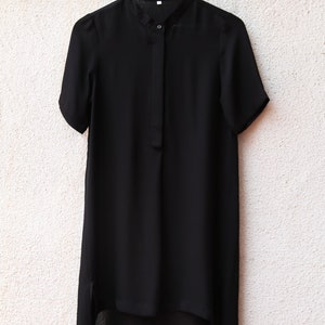 Short Long Tunic in Silk Double Georgette Black Relaxed Short Sleeve Women Clothing with Front Pleat and Mother of Pearl Buttons Black
