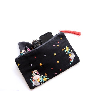 Embroidered cosmetic bag for makeup with zipper, Toiletry pouch, purse organiser with flamingo design and tassel at zipper image 5