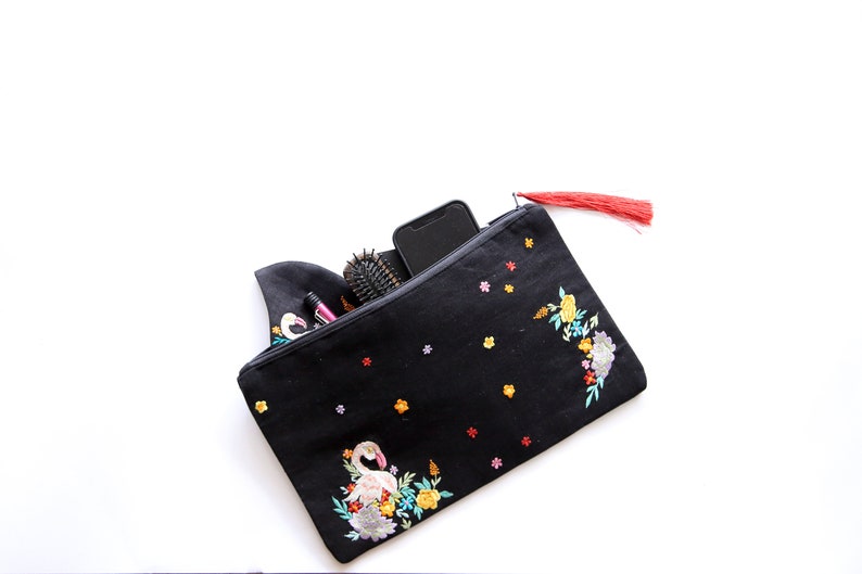 Embroidered cosmetic bag for makeup with zipper, Toiletry pouch, purse organiser with flamingo design and tassel at zipper image 5