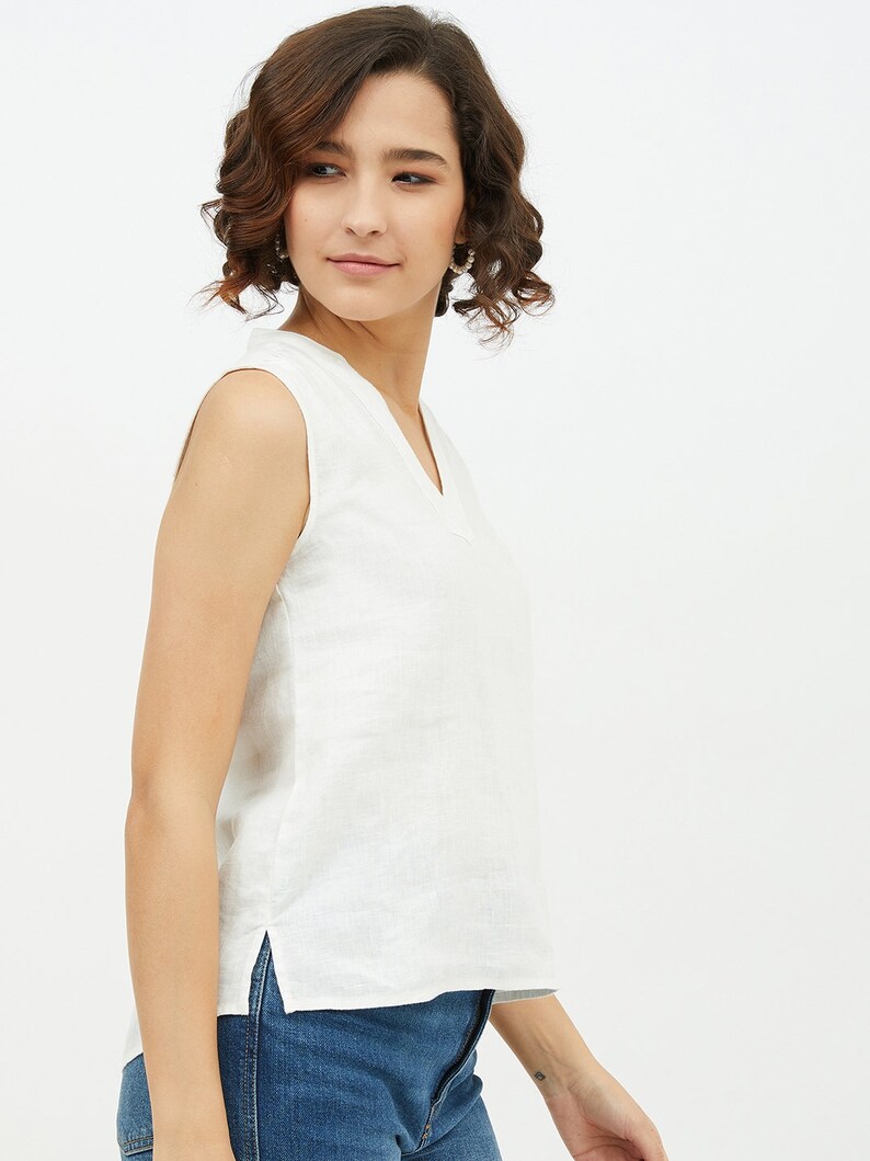 Linen top, collarless linen fabric shirt, sleeveless tunic blouse for women, washed soft linen shirt 9 colours image 4