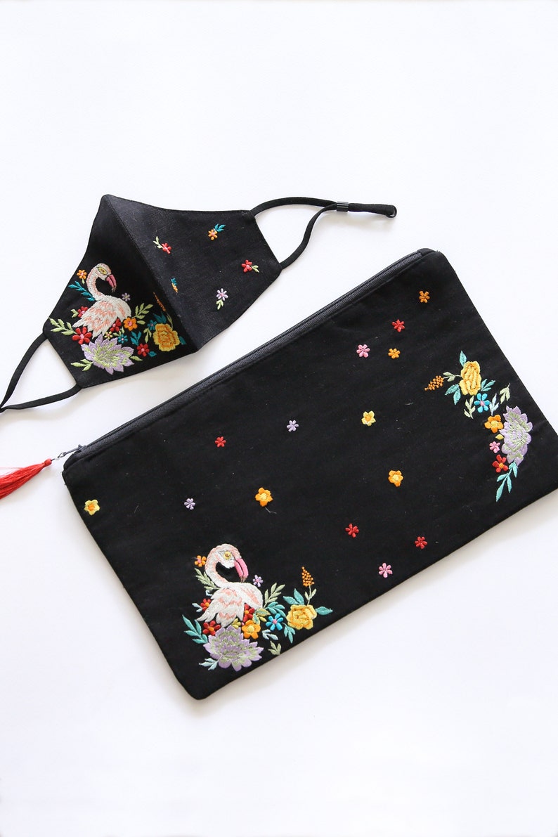 Embroidered cosmetic bag for makeup with zipper, Toiletry pouch, purse organiser with flamingo design and tassel at zipper image 6