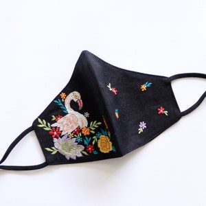 Embroidered cosmetic bag for makeup with zipper, Toiletry pouch, purse organiser with flamingo design and tassel at zipper image 9