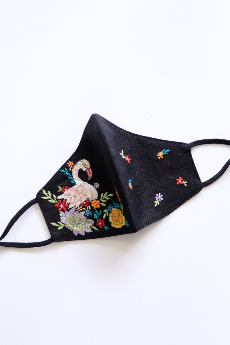 Embroidered cosmetic bag for makeup with zipper, Toiletry pouch, purse organiser with flamingo design and tassel at zipper image 9
