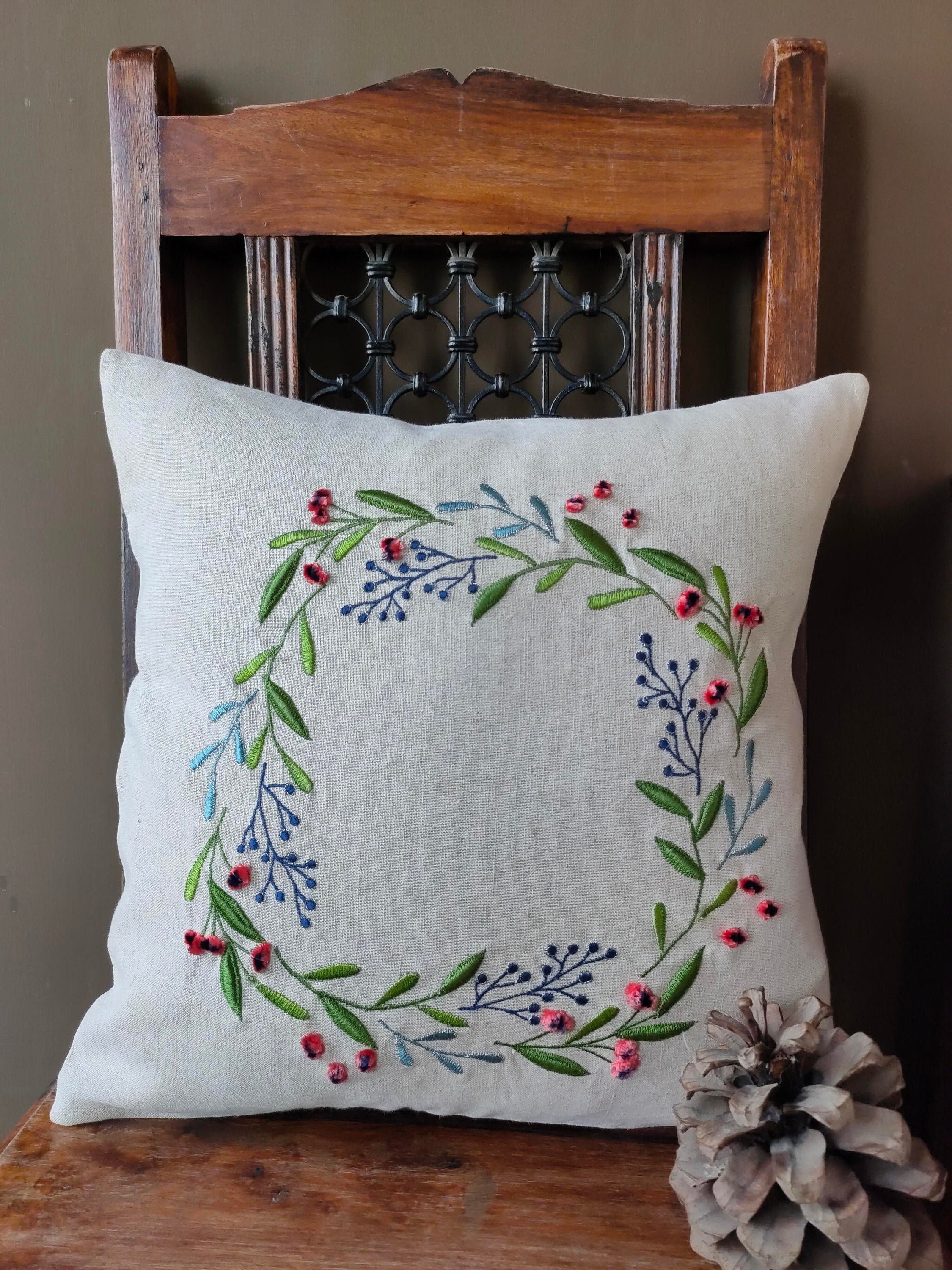 Floral Embroidered Cushion Cover Without Filler, Green Soft
