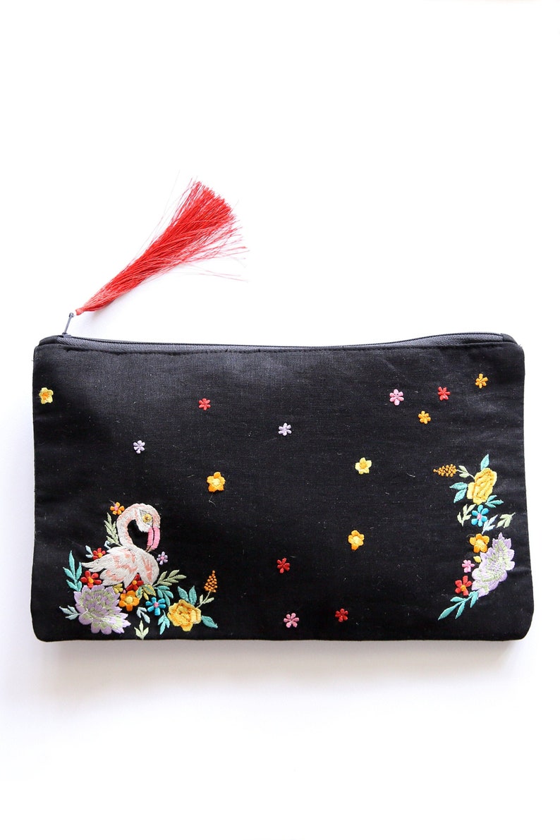 Embroidered cosmetic bag for makeup with zipper, Toiletry pouch, purse organiser with flamingo design and tassel at zipper image 1