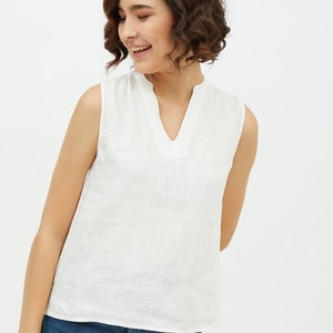 Linen top, collarless linen fabric shirt, sleeveless tunic blouse for women, washed soft linen shirt 9 colours image 2