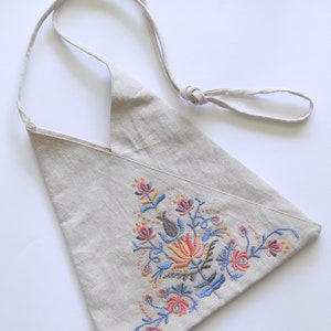 Crossbody embroidered purse, Sling bag, bohemian bag made of cotton linen fabric. Natural fabric with colourful flower embroidery