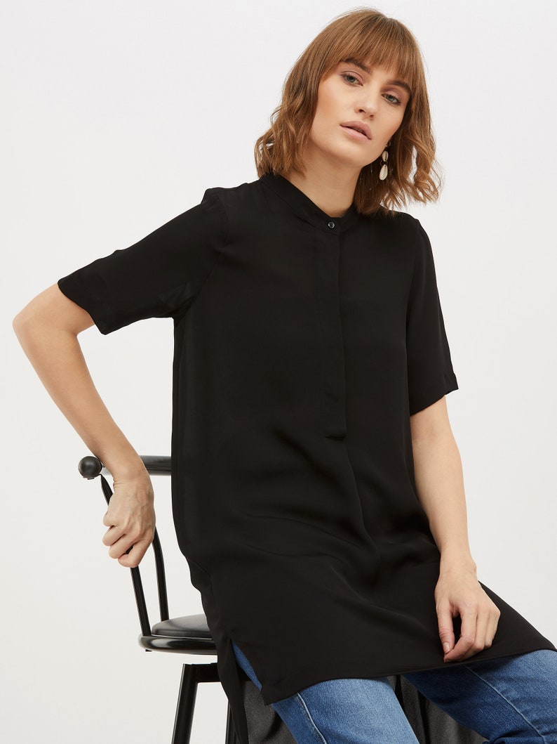Short Long Tunic in Silk Double Georgette Black Relaxed Short Sleeve Women Clothing with Front Pleat and Mother of Pearl Buttons image 6