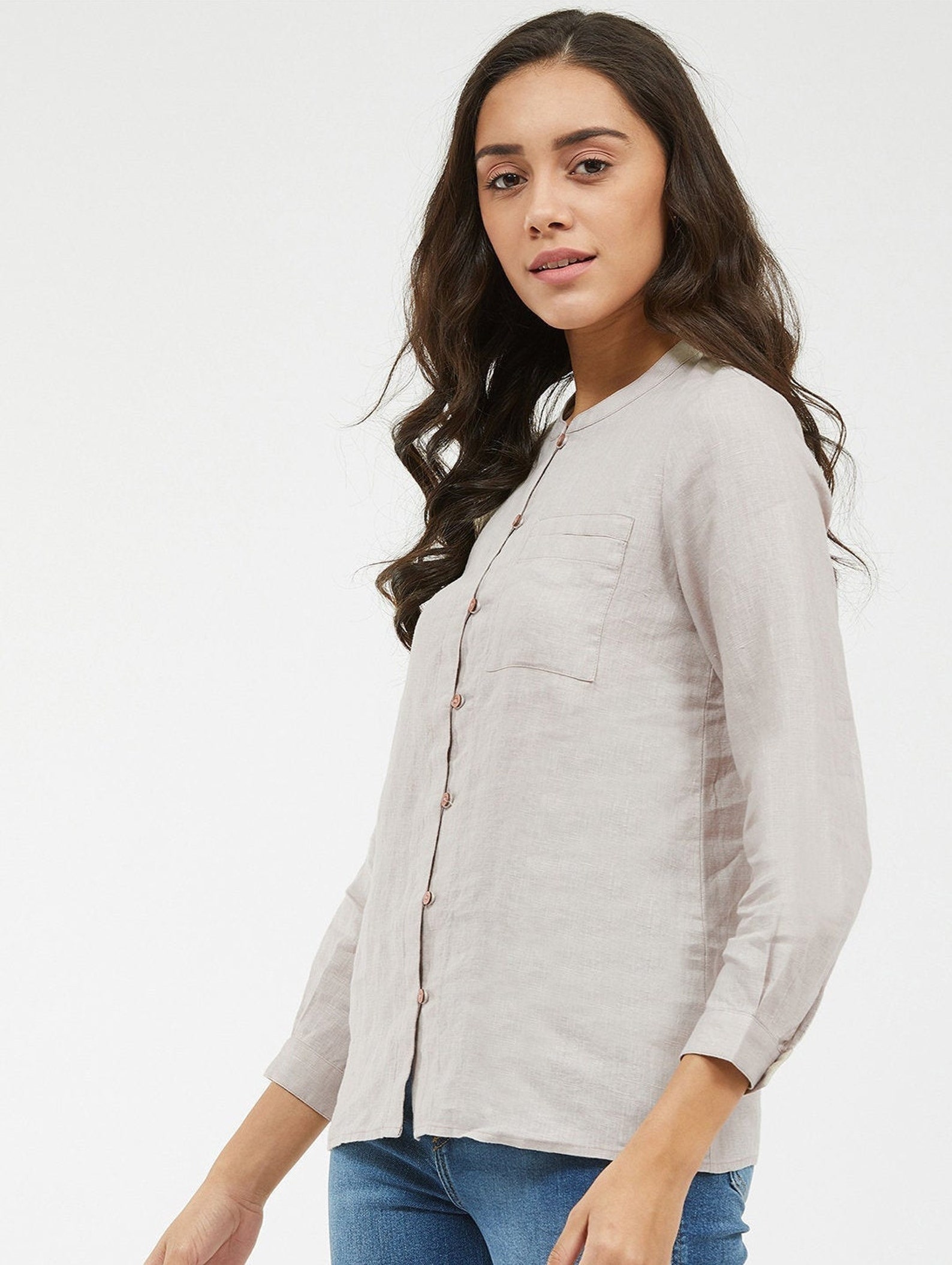 Linen Shirt for Women with Long Sleeves and Pocket Collarless Etsy