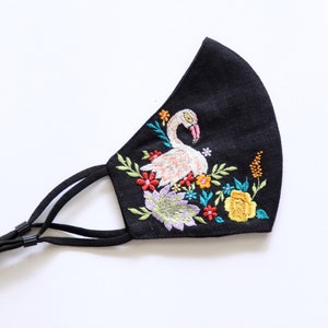 Embroidered cosmetic bag for makeup with zipper, Toiletry pouch, purse organiser with flamingo design and tassel at zipper image 7