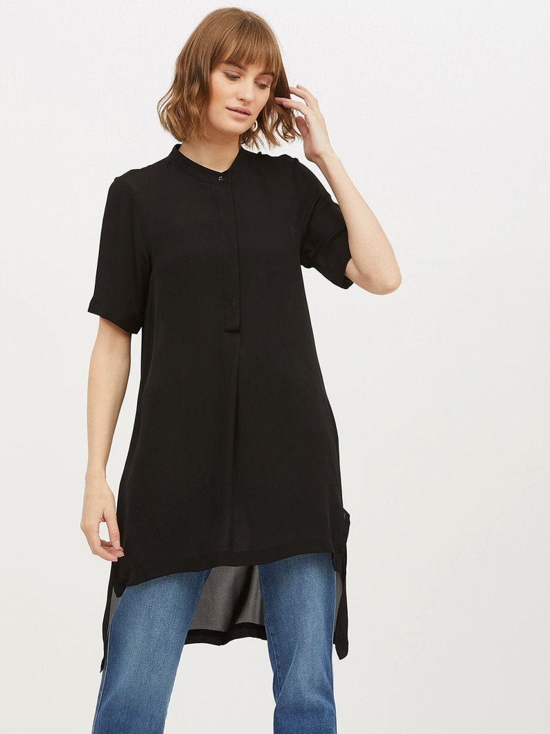 Short Long Tunic in Silk Double Georgette Black Relaxed Short Sleeve Women Clothing with Front Pleat and Mother of Pearl Buttons image 1
