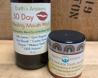 100% Natural Earth Clay Tooth Powder Lemon Frankincense Myrrh with Mouthwash Combo