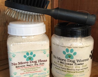 Dog, Puppy Natural Flea Control Treatment, Flea Powder De-Wormer and Dog Grooming Brush