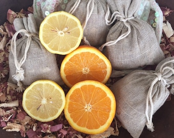 Warm Summertime Sachet, Set of 4 Fresh Cut Red Cedar and Lemongrass, Orange and Lemon Oil Aromatherapy Linen Bags