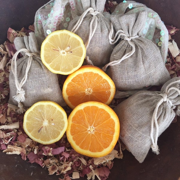 Warm Summertime Sachet, Set of 4 Fresh Cut Red Cedar and Lemongrass, Orange and Lemon Oil Aromatherapy Linen Bags