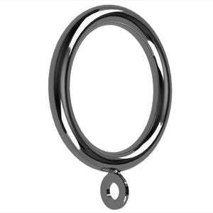 May include: A single, shiny, dark gray curtain ring with a circular design. The ring has a smooth, metallic finish and a small, flat, circular attachment at the bottom with a hole in the center.