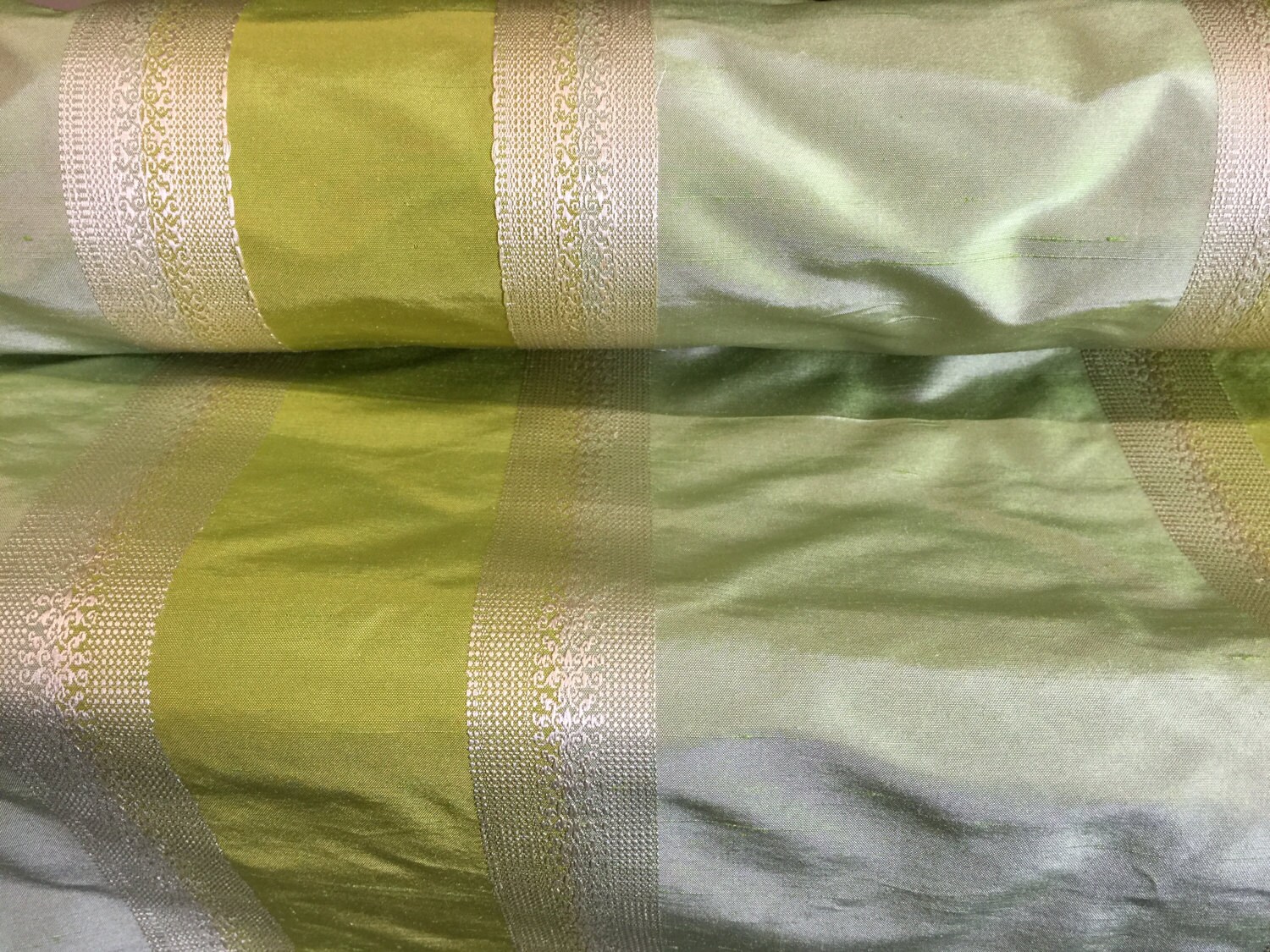MALIBU Jacquard Stripe Green Ivory - Pure Silk Taffeta Blend