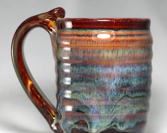 Stoneware Pottery Mug, Earth Tone Glaze, Textured Pattern, 10oz Capacity(S68)